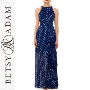 💙🌙 NWT Betsy & Adam Moon River Ruffle chiffon gown w goldfoil crescent moons